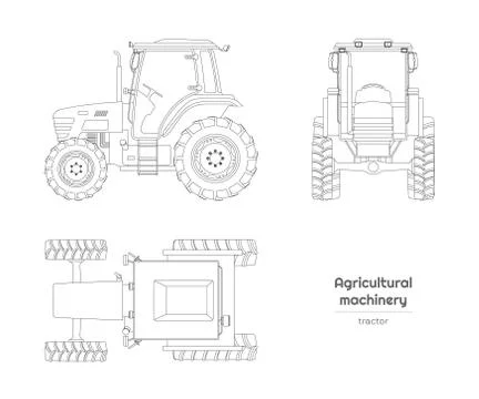 Outline blueprint of tractor. Side, front and top view of agriculture machinery Stock Illustration