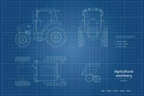 Outline blueprint of tractor. Side, front and top view of agriculture machinery Stock Illustration