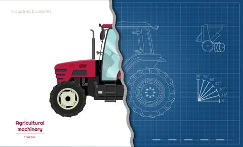 Outline blueprint of tractor. Side view of agriculture machinery Illustrazione stock