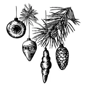 Outline border with pine branch and ornaments balls. イラスト素材