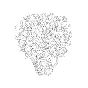 Outline bouquet in the patterned teapot Stock Illustration