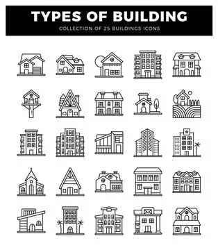 Outline building icons in a grid format on a white background. featuring va.. Ilustración de archivo
