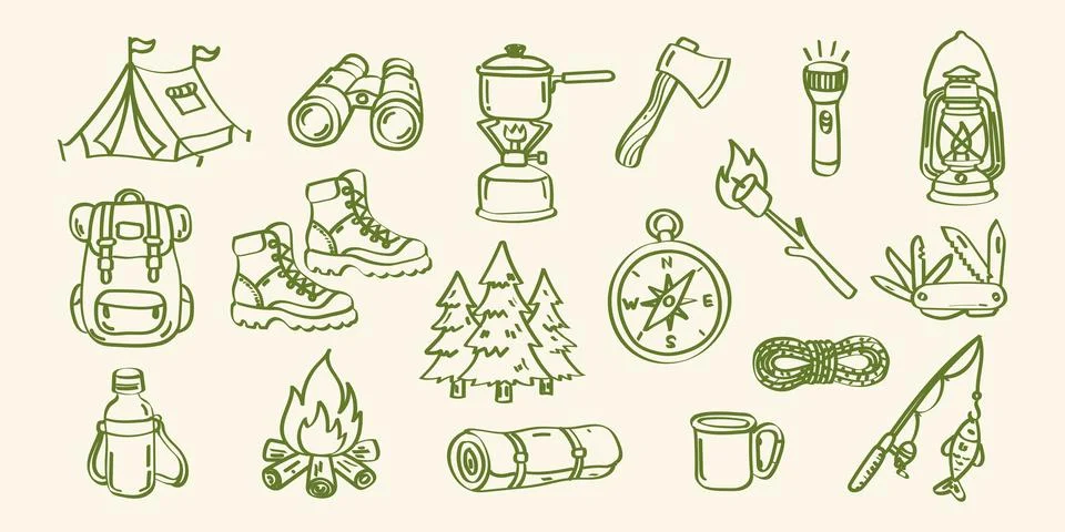 Outline camping vector illustration set with hand drawn sketch elements for.. Stock Illustration
