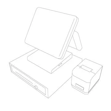 Outline of cash register with bar code reader, credit card reader and receipts Stock Illustration