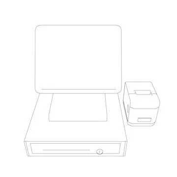 Outline of cash register with bar code reader, credit card reader and receipts Stock Illustration