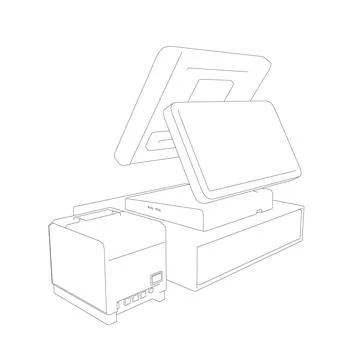 Outline of cash register with bar code reader, credit card reader and receipts Illustration