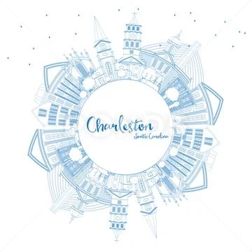 Outline Charleston South Carolina City Skyline with Blue Buildings and Copy S Stock Illustration