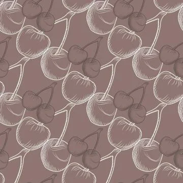 Outline cherry seamless pattern. White berries silhouette on light brown back Stock Illustration