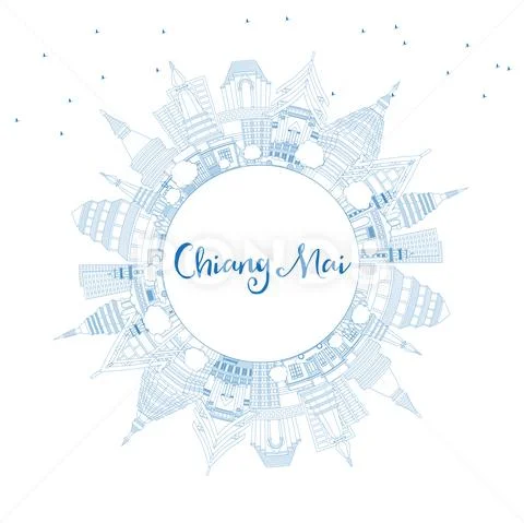 Outline Chiang Mai Thailand City Skyline with Blue Buildings and Copy Space. Stock Illustration