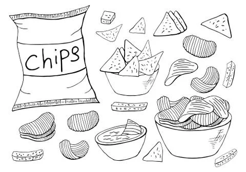 Outline chips collection on white background. Vector different chips elements Stock Illustration
