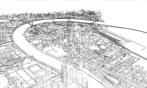 Outline city concept. Wire-frame style Illustrazione stock