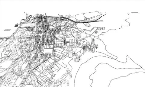 Outline city concept. Wire-frame style Illustrazione stock