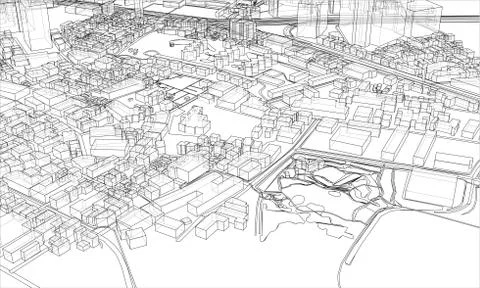 Outline city concept. Wire-frame style Illustrazione stock