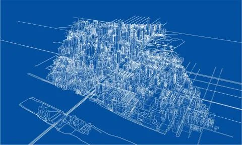 Outline city concept. Wire-frame style Illustrazione stock