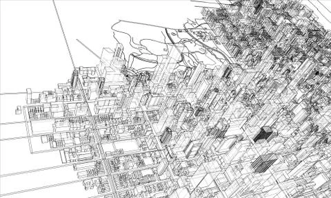 Outline city concept. Wire-frame style Illustrazione stock