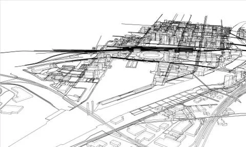 Outline city concept. Wire-frame style Illustrazione stock