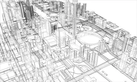 Outline city concept. Wire-frame style Illustrazione stock