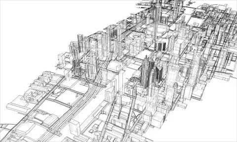 Outline city concept. Wire-frame style Illustrazione stock