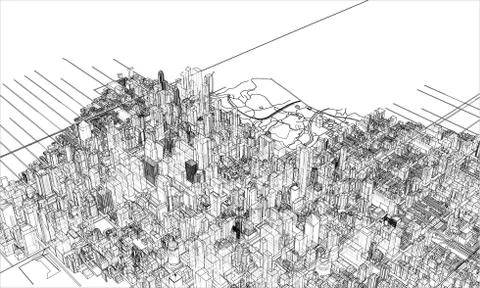 Outline city concept. Wire-frame style Illustrazione stock