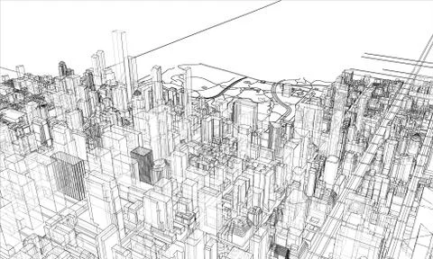 Outline city concept. Wire-frame style Illustrazione stock