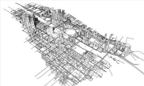 Outline city concept. Wire-frame style 스톡 일러스트