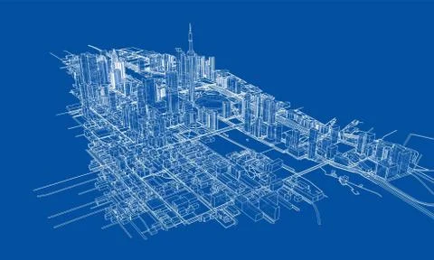 Outline city concept. Wire-frame style Illustrazione stock
