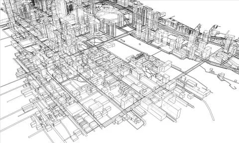 Outline city concept. Wire-frame style Illustrazione stock