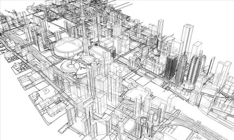 Outline city concept. Wire-frame style Stockillustratie