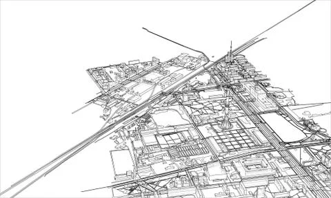 Outline city concept. Wire-frame style Illustrazione stock