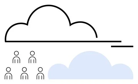 Outline cloud above human figures symbolizes cloud computing. Below filled bl Stock Illustration