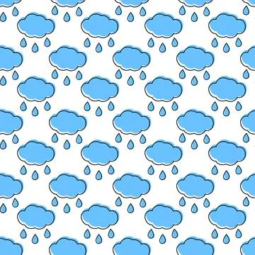 Outline cloud and drops with blue fill not along contour Seamless pattern Rainy 스톡 일러스트
