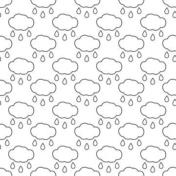Outline Cloud and Drops Seamless pattern. Contour drawing Rainy weather Backdrop Stock Illustration