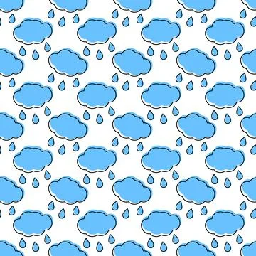 Outline cloud with drops filled not along contour Seamless pattern. Rainy Illustrazione stock