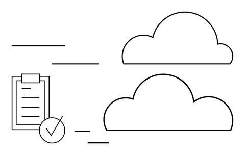 Outline clouds with checklist and checkmark representing data synchronization Stock Illustration