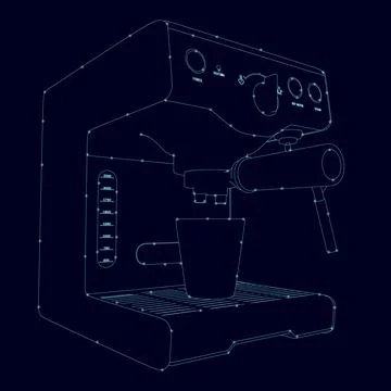 Outline of a coffee machine from blue lines with glowing lights isolated on a Stock Illustration
