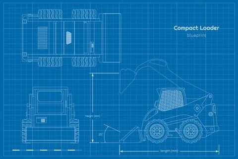 Outline compact loader. Contour side, front amd top view. Drawing of bulldoze Stock Illustration