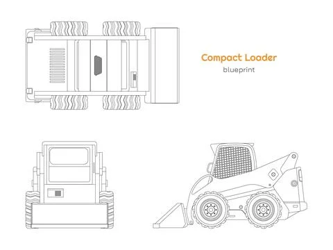 Outline compact loader. Side, front amd top view. Isolated mini bulldozer Stock Illustration
