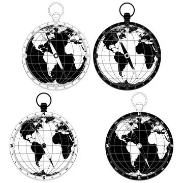 Outline of compass over global map Stock Illustration