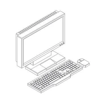 Outline of a computer, keyboard and mouse in high detail Stock Illustration
