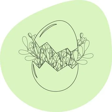 Outline Cracked Eggshell with Floral Composition Inside Against Abstract Green 스톡 일러스트
