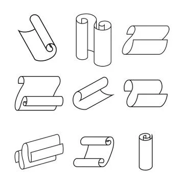 Outline curved paper sheets scroll and roll icons set 스톡 일러스트