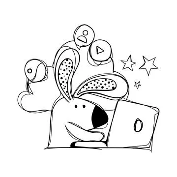 Outline Cute Bunny Using Laptop with Social Media Icons - Digital Cartoon R.. Stock Illustration