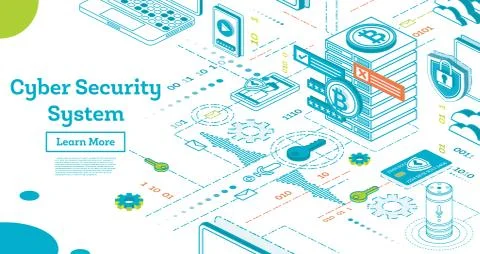 Outline Cyber Security Concept. Isometric Illustration Isolated on White. Stock Illustration