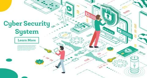 Outline Cyber Security Concept. Isometric Illustration Isolated on White. Stock Illustration