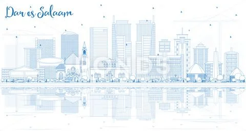 Outline Dar Es Salaam Tanzania City Skyline with Blue Buildings and Reflectio Stock Illustration