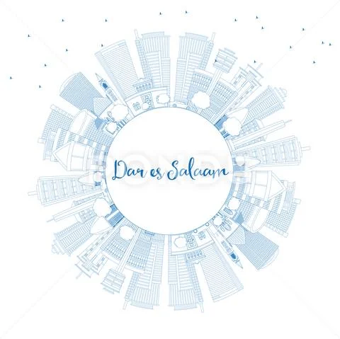 Outline Dar Es Salaam Tanzania City Skyline with Blue Buildings and Copy Spac Stock Illustration