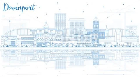 Outline Davenport Iowa Skyline with Blue Buildings and Reflections. Stock Illustration