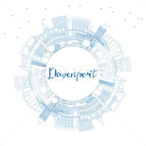 Outline Davenport Iowa Skyline with Blue Buildings and Copy Space. Stock Illustration
