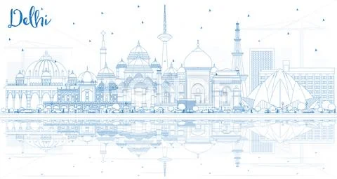 Outline Delhi India City Skyline with Blue Buildings and Reflections. Stock Illustration
