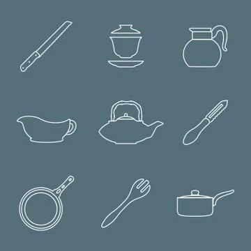 Outline design dinnerware icons set Stock Illustration